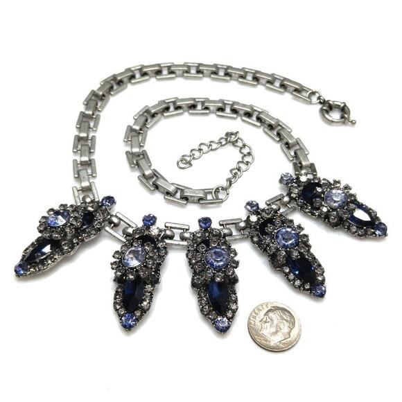 Vintage Blue Five Pendant Floral Statement Necklace, Rivoli Rhinestones, 20 Inch - Picture 4 of 8